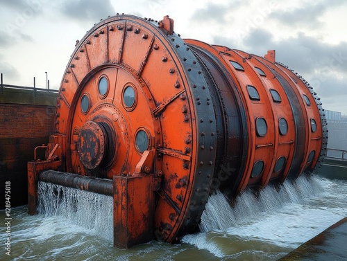 Giant Orange Water Wheel: Rotating Industrial Machinery in Motion photo