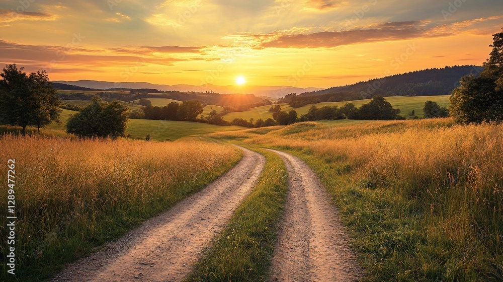 Sunset over scenic countryside road. Sunset over scenic countryside road.