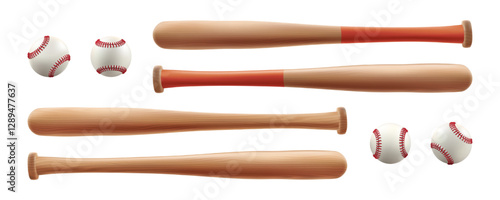 Baseball ball, bat glove realistic vector isolated. White softball, 3d wood stick, player base equipment clipart. Wooden vintage tool, american field sport game, brown leather pitcher catcher mitten