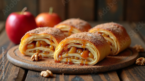 Fototapeta Naklejka Na Ścianę i Meble -  Layered, spiced apple strudel filled with golden raisins and walnuts