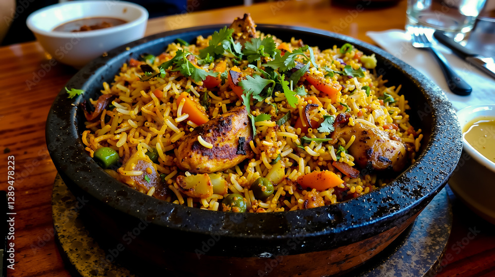 A bowl of rice with chicken and vegetables on a table A bowl of rice with chicken and vegetables on a table