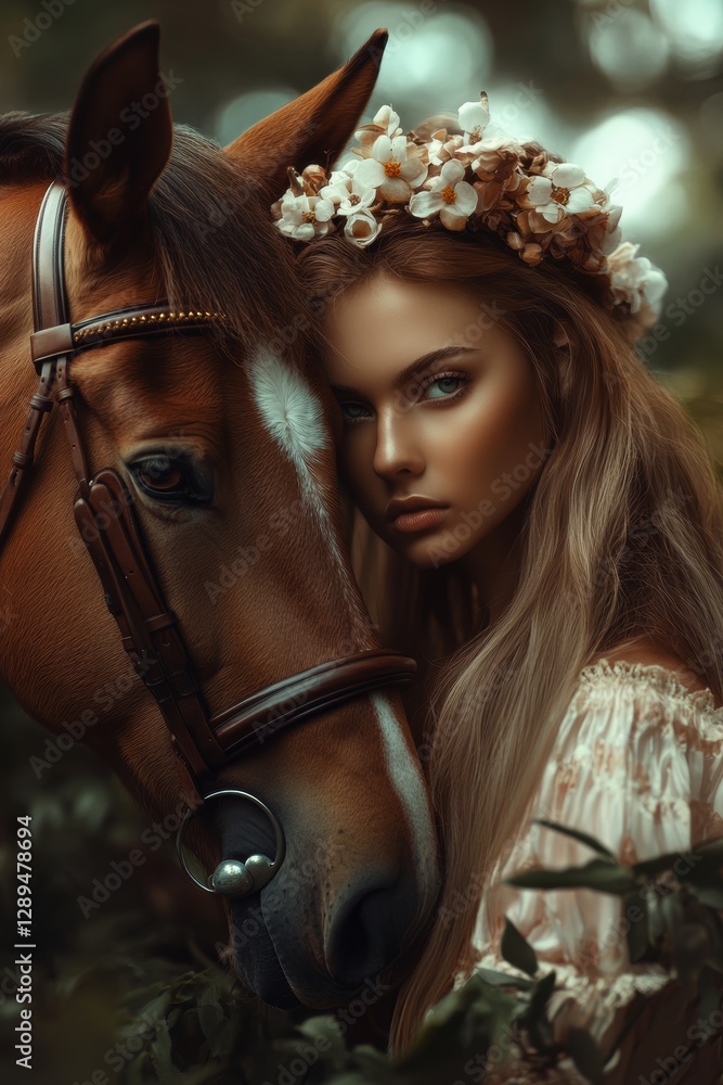 Obraz premium Beautiful female and horse in flower grass field in Spring.