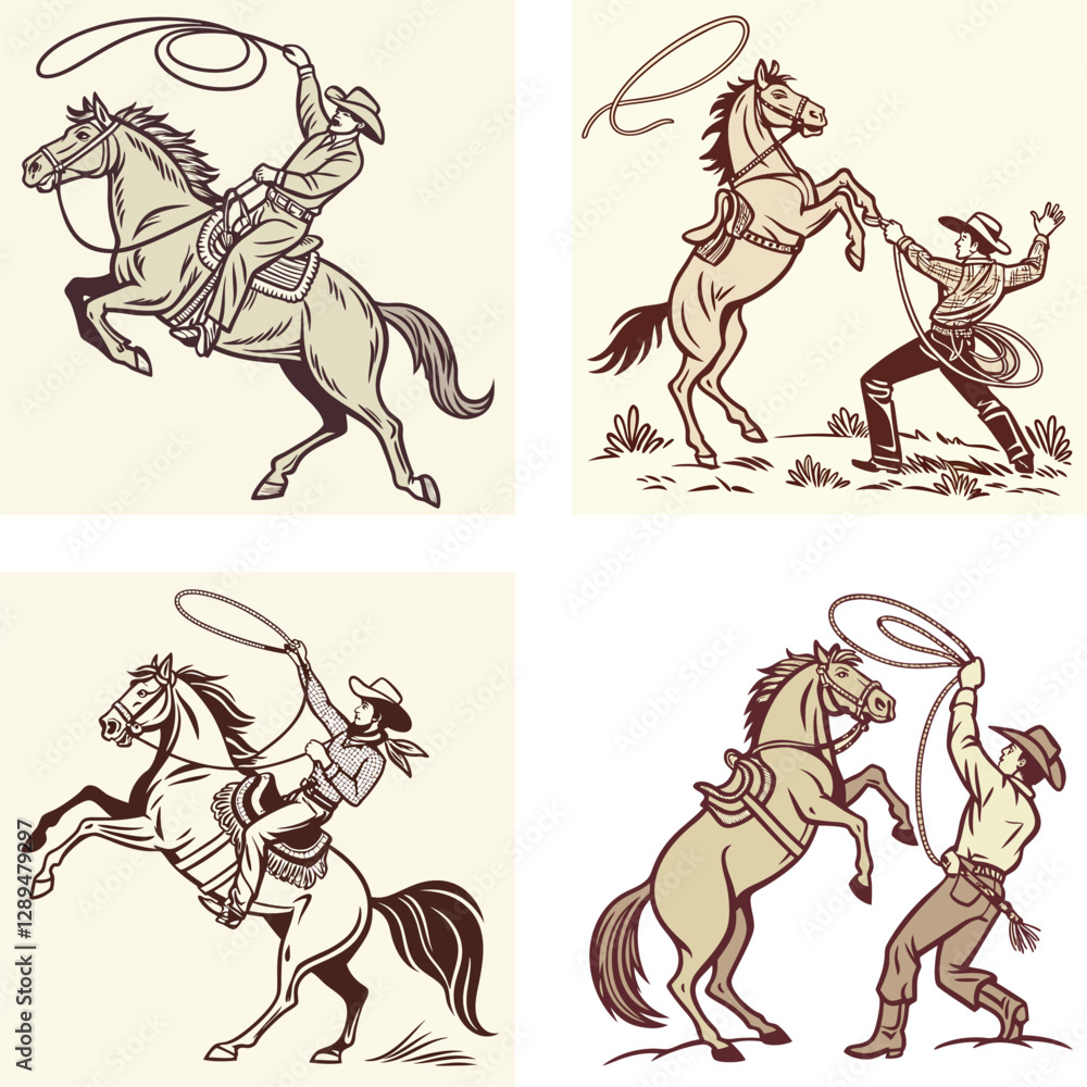 Obraz premium a cowboy bucking horse lassoing vintage retro vector