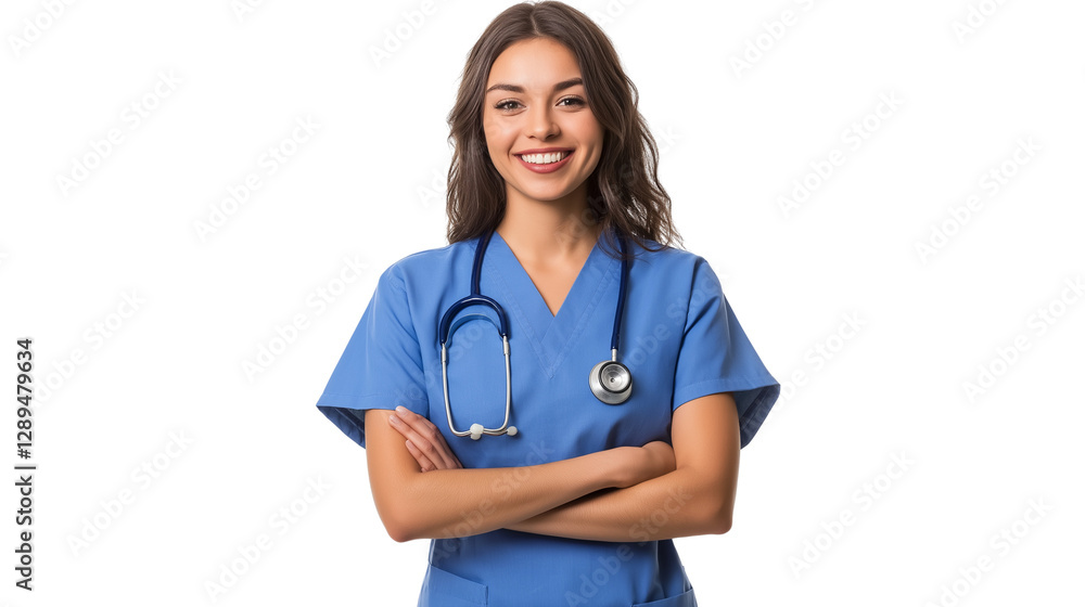 Nurse in blue scrubs, warm and compassionate smile, caring and professional, isolated on a white background Nurse in blue scrubs, warm and compassionate smile, caring and professional, isolated on a white background