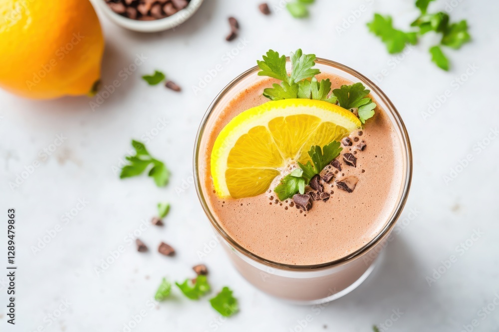 Playful scene of cacao water in bright glass with vibrant citrus slices and fresh herbs. Bright natural lighting enhances its clarity, inviting appearance on clean surface with ample negative space. Playful scene of cacao water in bright glass with vibrant citrus slices and fresh herbs. Bright natural lighting enhances its clarity, inviting appearance on clean surface with ample negative space.