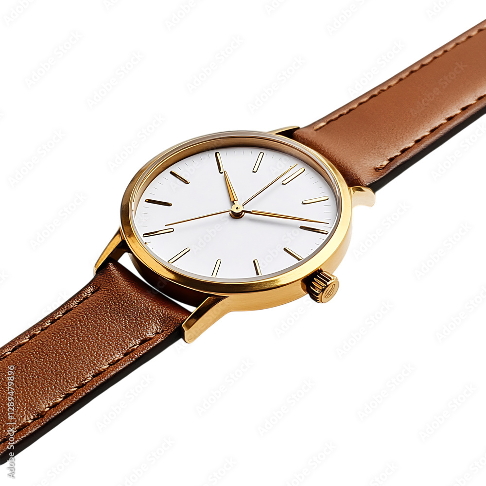 Gold Plated Leather Strap Watch with White Dial Isolated on Transparent Background Gold Plated Leather Strap Watch with White Dial Isolated on Transparent Background