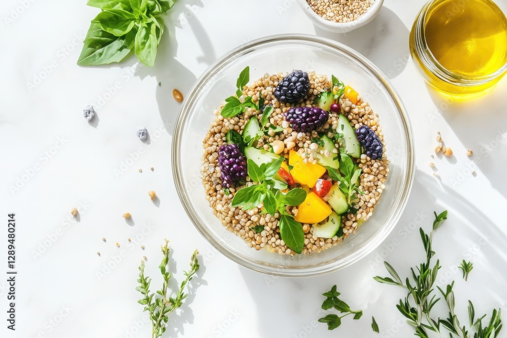 Playful scene of cooked buckwheat in a bright bowl with vibrant herbs, vegetables, and nuts or seeds. Playful scene of cooked buckwheat in a bright bowl with vibrant herbs, vegetables, and nuts or seeds.