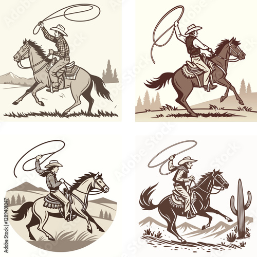 a cowboy bucking horse lassoing  vintage retro vector