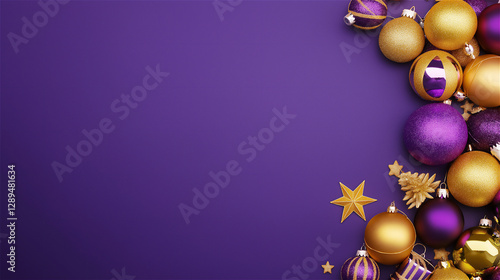 A festive background featuring purple and gold ornaments along with small stars, perfect for holiday or celebratory themes. A beautiful blend of colors and sparkle.
