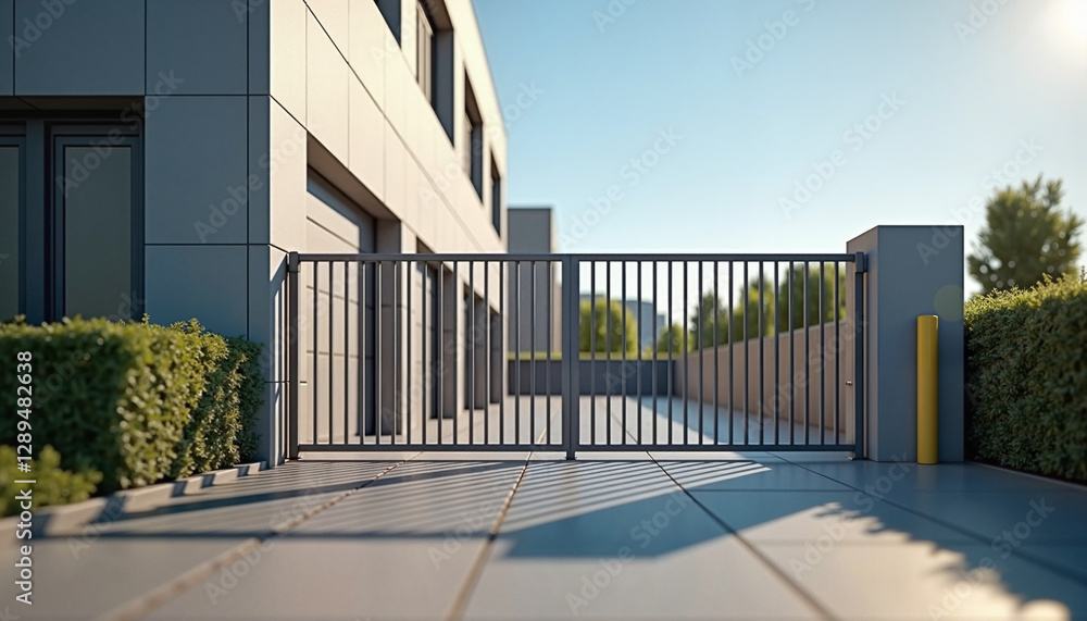 Fototapeta premium Modern Gray Gate with Garages Suburban Mood Sunny Day Background