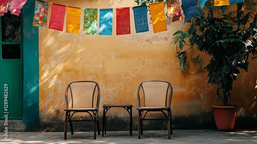 Colorful prayer flags and empty chairs indian street photography urban setting eye-level view cultural serenity