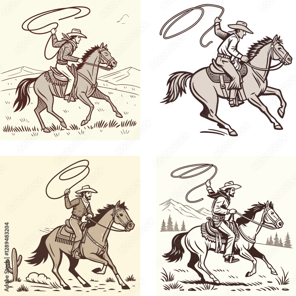 Fototapeta premium a cowboy bucking horse lassoing vintage retro vector