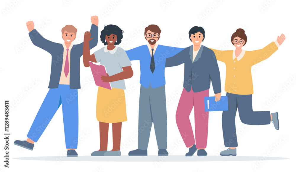 Successful international business team. Teamwork, multicultural teambuilding concept. Happy colleagues, office workers group. Vector characters illustration isolated on white background. Successful international business team. Teamwork, multicultural teambuilding concept. Happy colleagues, office workers group. Vector characters illustration isolated on white background.
