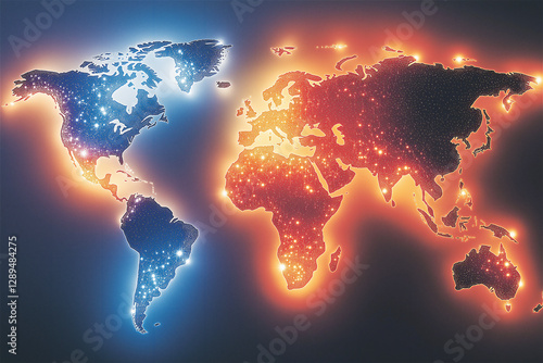 A colorful world map with continents outlined in bright neon lights, showcasing the Earth's geographical divisions in a digital, glowing effect.