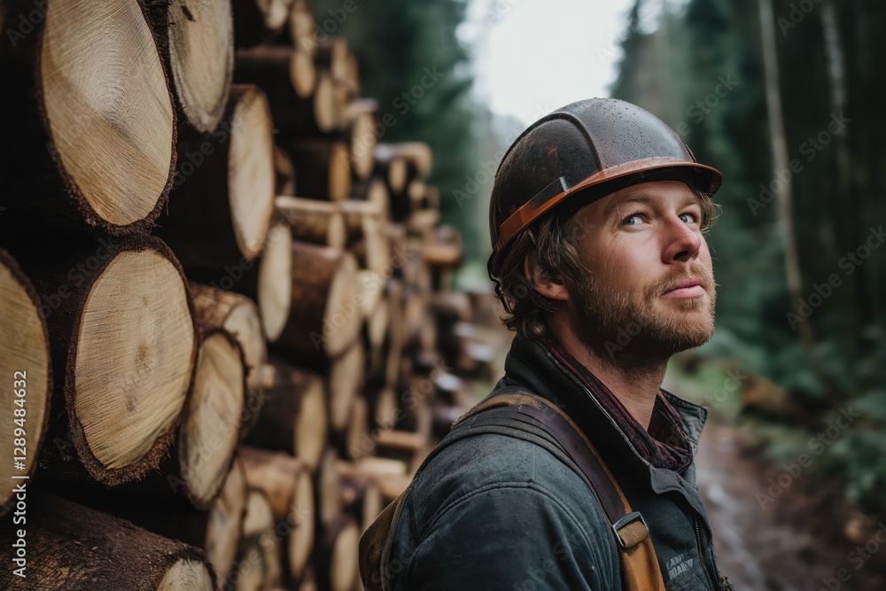 Lumberjack in a hard hat standing beside logs Lumberjack in a hard hat standing beside logs
