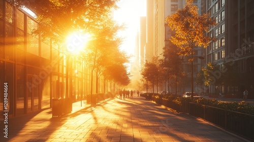 A heatwave in an urban area with scorching sun, heat radiating off buildings, and people seeking shade.