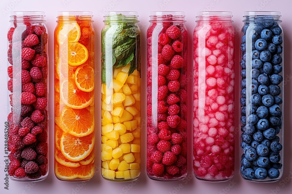 Colorful fruit and berry display in clear glass jars for promotional flyer design Colorful fruit and berry display in clear glass jars for promotional flyer design
