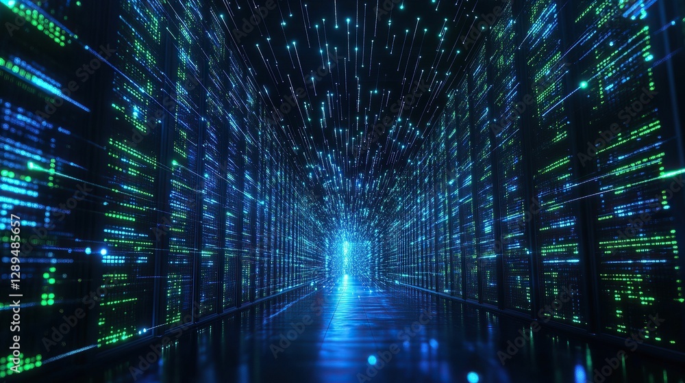 Hundreds of glowing blue and green data grids suspended mid-air in an endless black chamber Hundreds of glowing blue and green data grids suspended mid-air in an endless black chamber