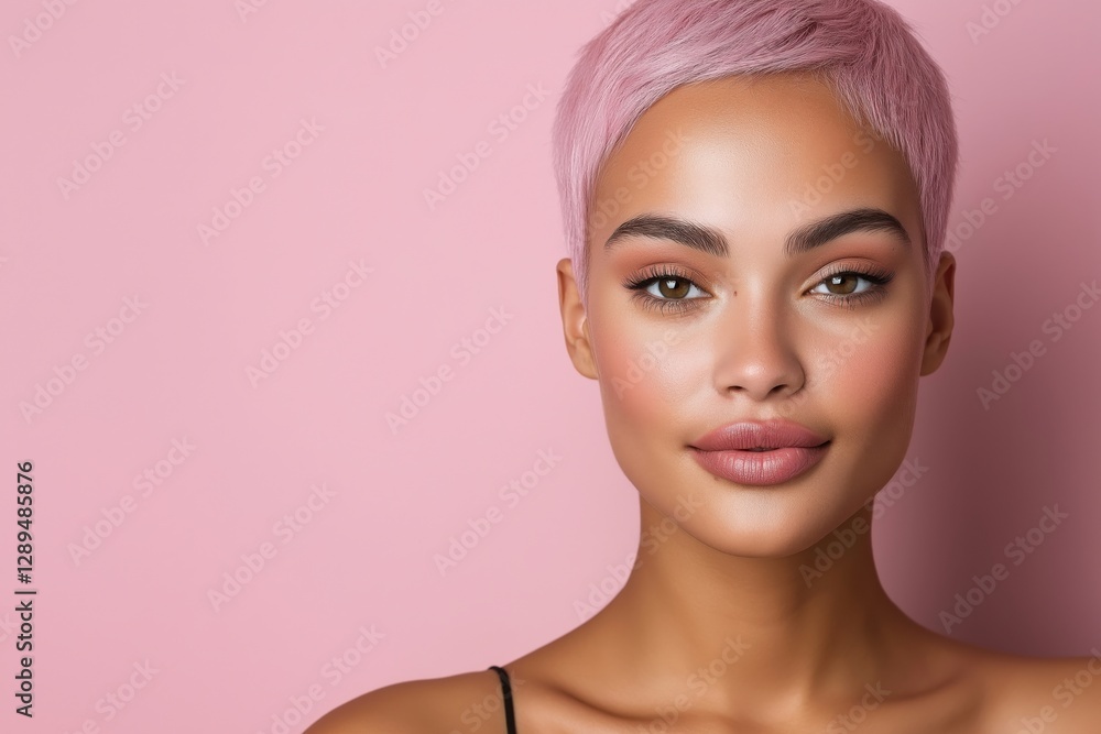 Close-up portrait of a confident woman with pink hair against a pink backdrop Close-up portrait of a confident woman with pink hair against a pink backdrop