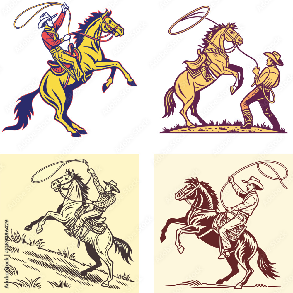 Obraz premium a cowboy bucking horse lassoing vintage retro vector