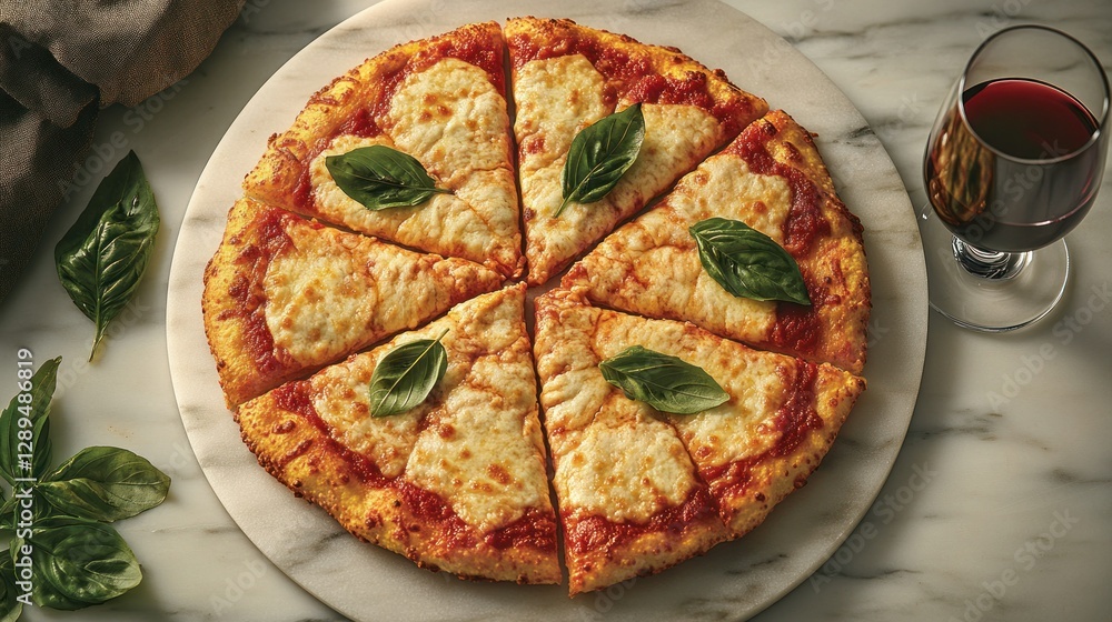 Fototapeta premium Delicious cheese pizza, sliced, marble table, red wine, basil