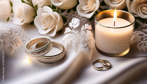  結婚祝いのクラシックカード_A classic wedding card with silver floral patterns, placed on a white silk cl photo