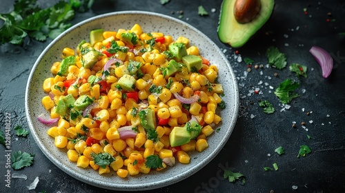 Delicious corn avocado salad on dark table, recipe concept photo