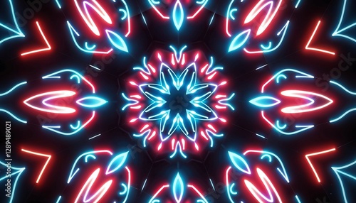 Symmetrical Neon Mandala in Blue and Red Represents Spirituality