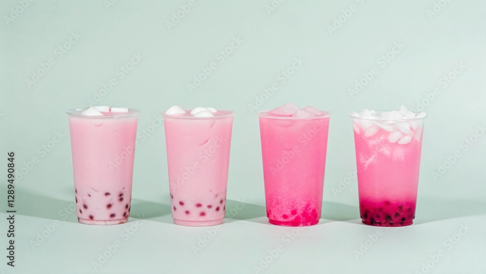 Four Matte Bubble Tea Drinks in a Row, Minimalist Style