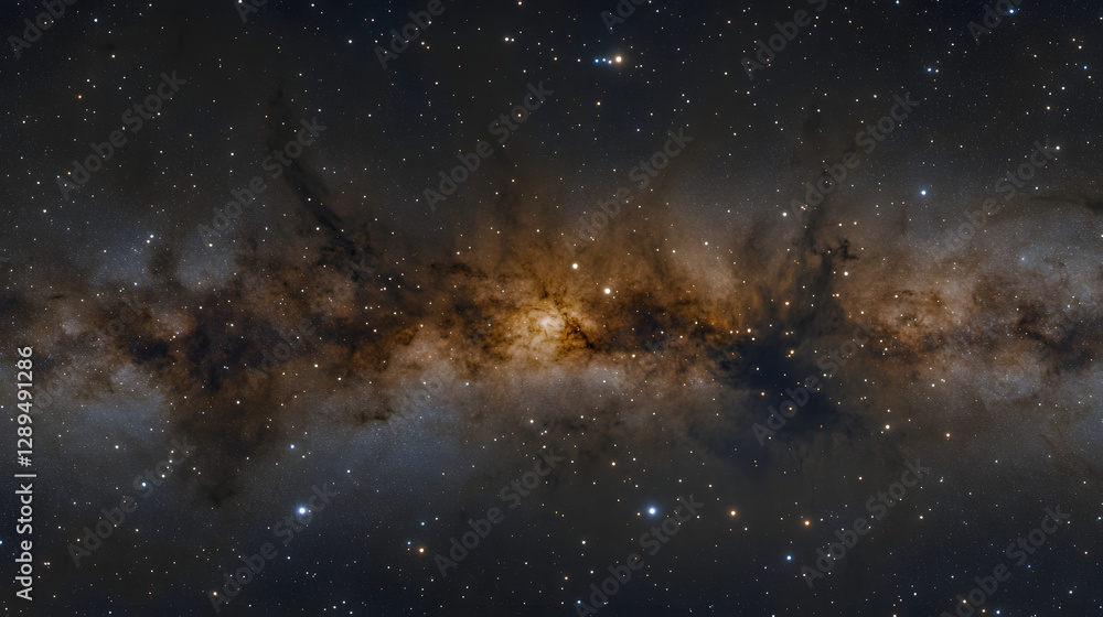 A breathtaking panoramic view of a galactic core surrounded by bright clusters of stars and swirling clouds of interstellar dust. A breathtaking panoramic view of a galactic core surrounded by bright clusters of stars and swirling clouds of interstellar dust.
