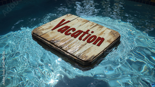 Wooden planks spell vacation in a crystal-clear swimming pool while summer sunlight reflects on the water, creating a relaxing atmosphere