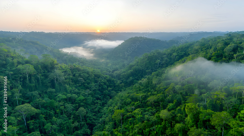 Fototapeta premium Sunrise over lush rainforest valley, misty morning, aerial view, nature background