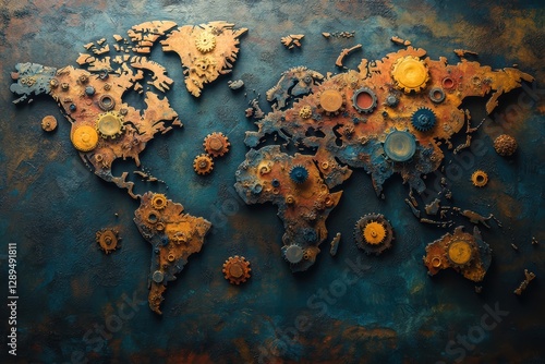 World map design featuring interlocking gears in a rusty finish with a textured background photo