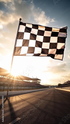 Checkered Flag Waving Over Empty Race Track