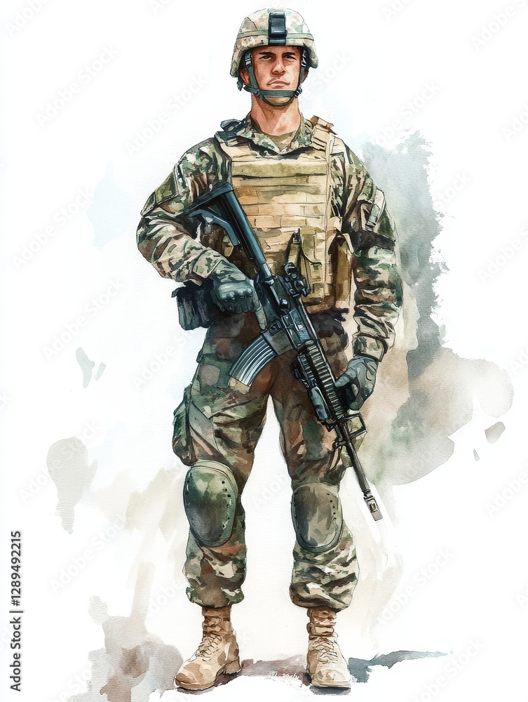 Professional soldier standing with weapon illustration - A detailed illustration of a soldier in camouflage uniform holding a rifle showcasing bravery strength and military readiness Professional soldier standing with weapon illustration - A detailed illustration of a soldier in camouflage uniform holding a rifle showcasing bravery strength and military readiness