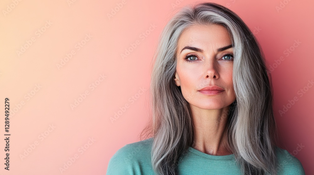 Fototapeta premium Elegant Portrait of a Mature Woman with Long Gray Hair Against a Soft Pink Background