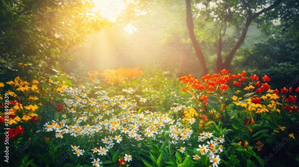 Obraz premium Beautiful colorful wild flowers in deep foggy forest with sun light in Spring.