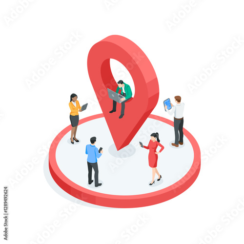isometric vector icon of location on round platform and business people with tablets and smartphones, in color on white background, meeting or place for teamwork