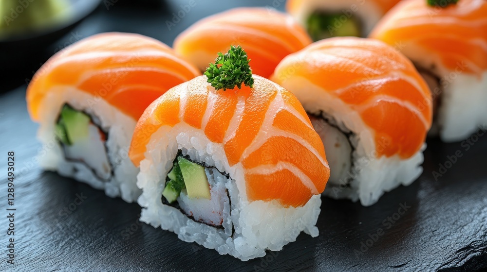 Delicious Salmon Sushi Rolls on Slate, Close-up Delicious Salmon Sushi Rolls on Slate, Close-up