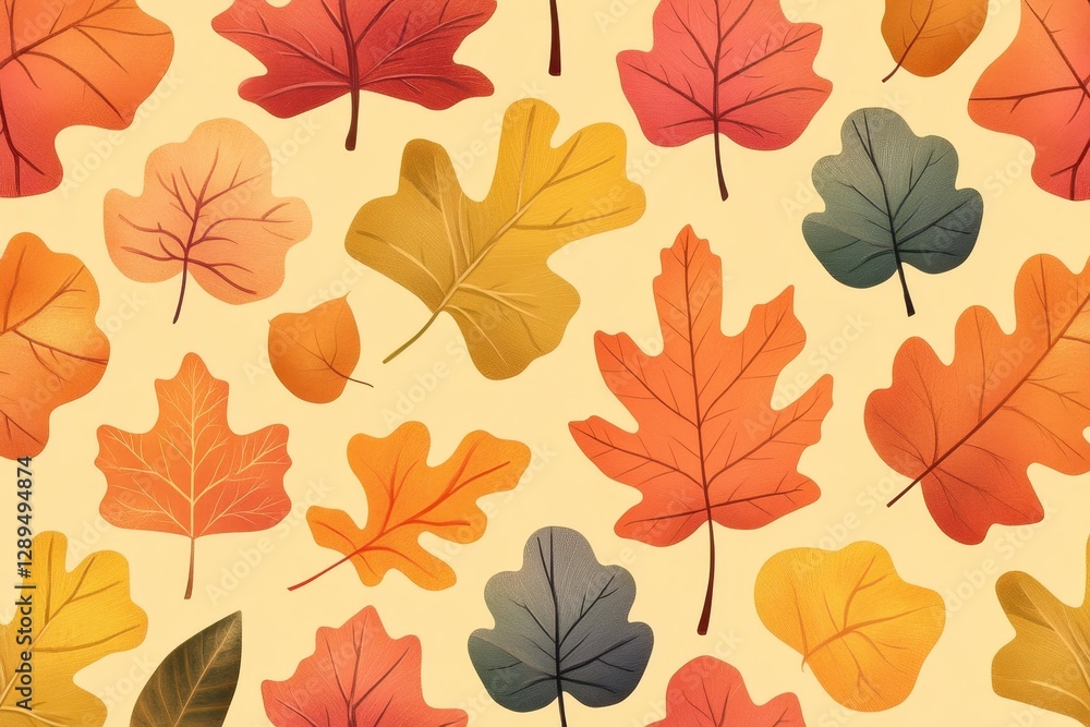 Fototapeta premium Autumn Leaves Seamless Pattern Design Warm Color Palette Red Orange Yellow Brown Green Leaves Beige