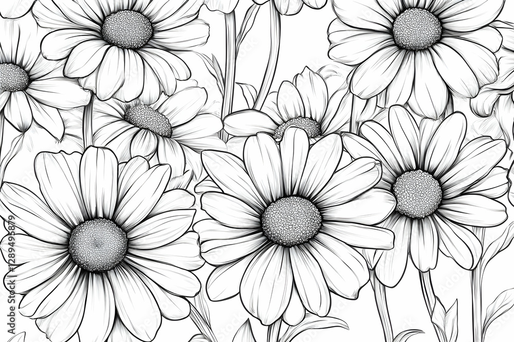 Hand-Drawn Daisy Seamless Pattern with Organic Line Art Detailing Hand-Drawn Daisy Seamless Pattern with Organic Line Art Detailing