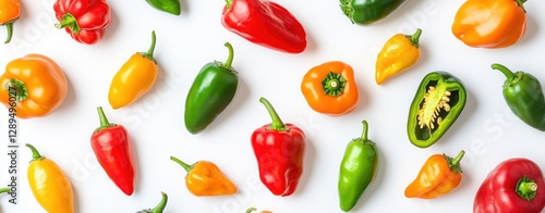 Wallpaper Mural An assortment of vibrant peppers scattered on a white background, variety in color and shape Torontodigital.ca