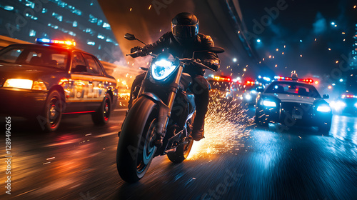 A cinematic scene of a stolen motorcycle evading multiple police cars on a bridge sparks flying as it scrapes the barrier.