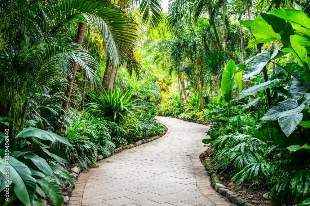 Obraz premium Serene Pathway Through Lush Greenery - A winding pathway surrounded by vibrant tropical plants invites exploration in a serene garden setting