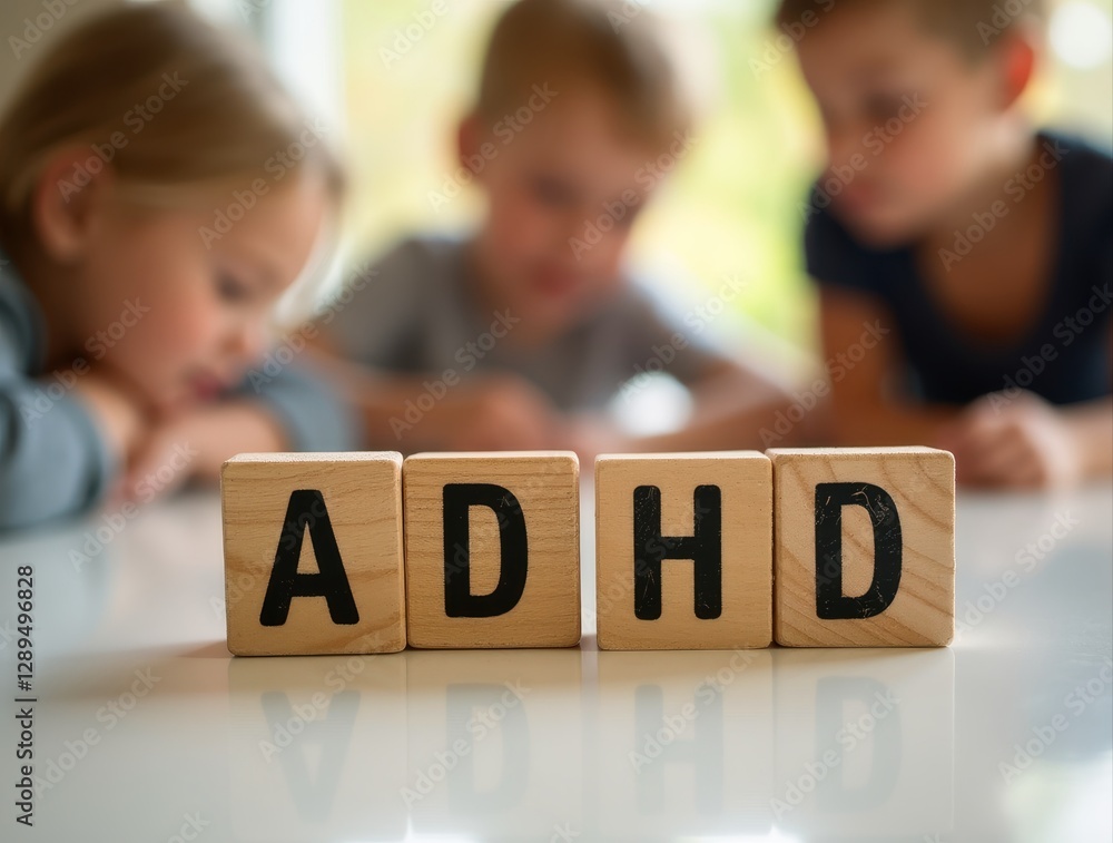 Fototapeta premium Wooden cubes showing adhd acronym with blurry children in background