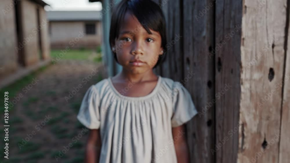 Calm young girl with dark hair and a simple dress stands near a wooden fence in a rural setting, gazing directly at the camera with a serious expression Calm young girl with dark hair and a simple dress stands near a wooden fence in a rural setting, gazing directly at the camera with a serious expression