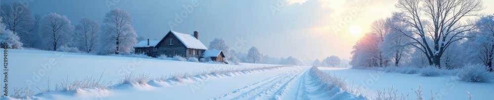 Fototapeta premium Heavy snowfall obscures distant farmhouse, stark branches , country, frozen, winter wonderland