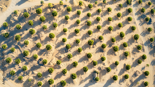 An aerial view of a vast Saudi Arabian desert transformed into solar farms with futuristic urban oases.
