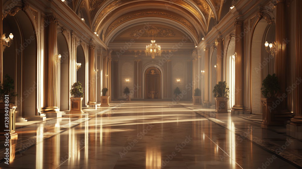 Fototapeta premium Luxurious Grand Hall with Ornate High Ceilings, Intricate Wall Moldings, and Polished Marble Floors, Creating an Elegant and Sophisticated Backdrop with Warm Lighting and a Spacious Atmosphere