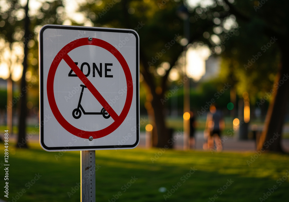 No Scooter Zone Sign in Park. Warning sign prohibiting scooters in the area. No scooters allowed No Scooter Zone Sign in Park. Warning sign prohibiting scooters in the area. No scooters allowed